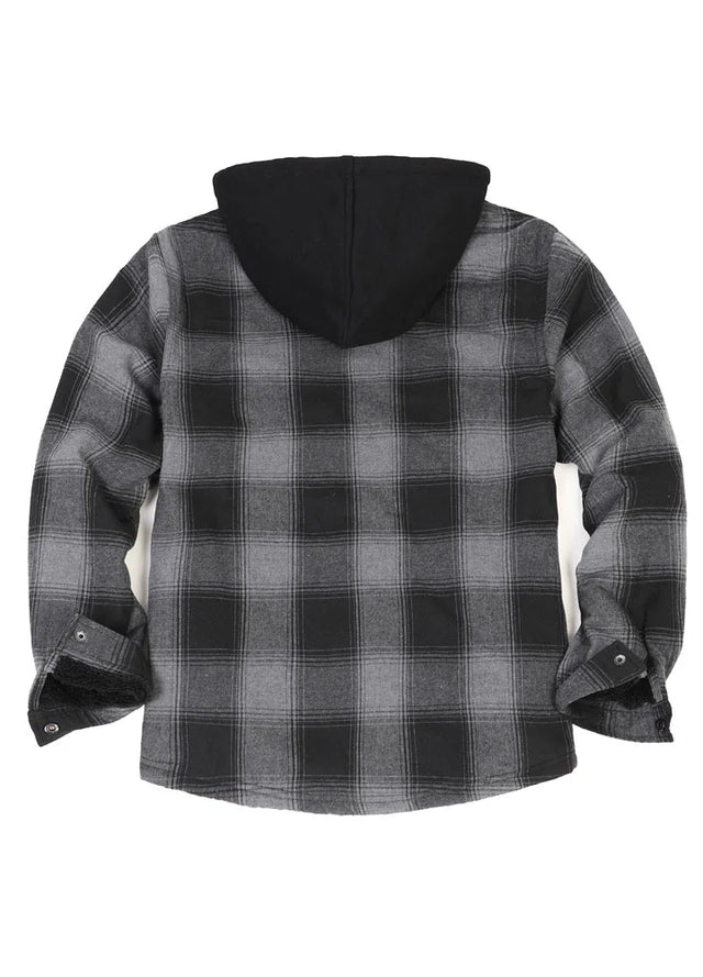 Back view of a men's black gray zipper flannel jacket with sherpa lining