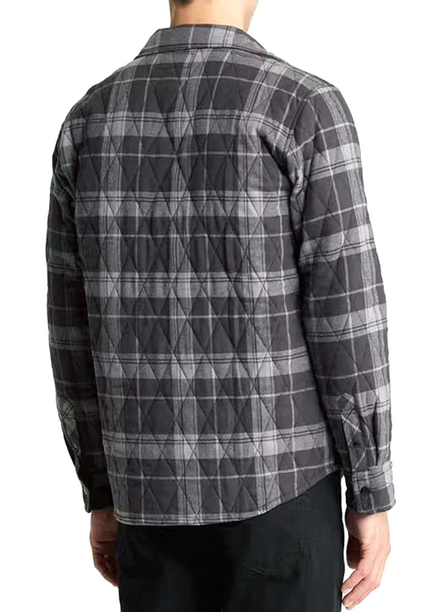 The back of a man in a black gray snap front plaid shacket for men