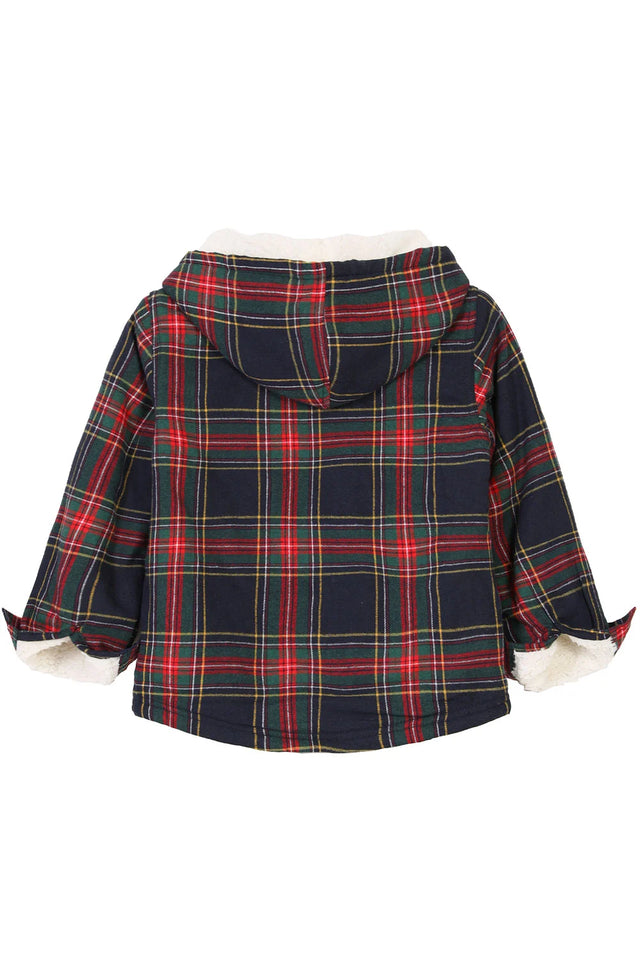 Back view of girls red black full zip plaid flannel jacket