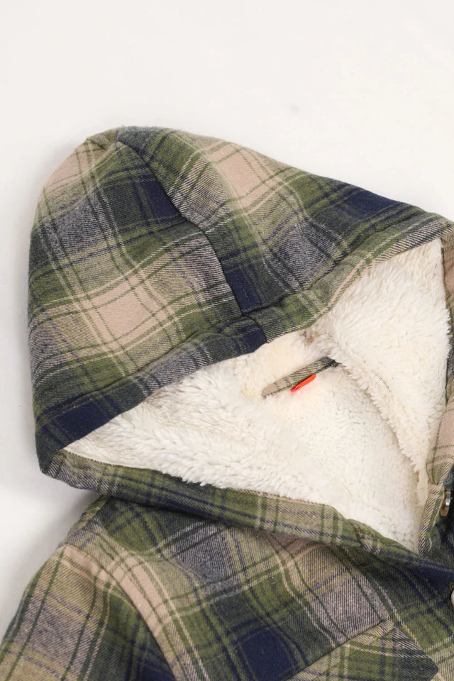 Detailed view of girls tea green flannel jacket with cozy hood