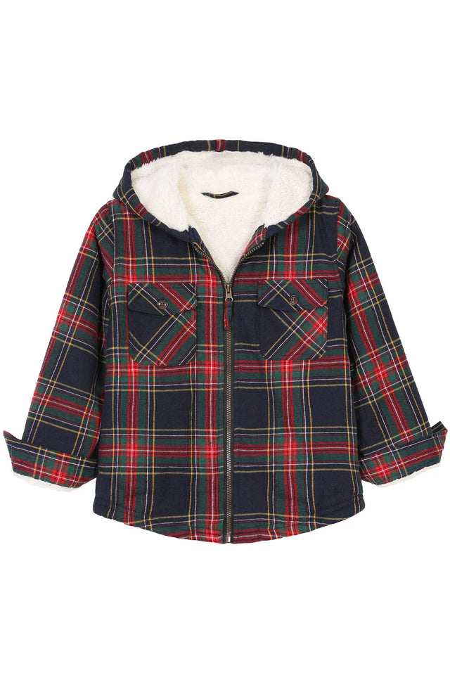 Front view of girls red black sherpa lined flannel jacket