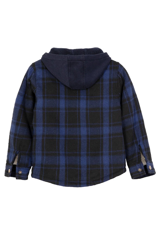 Back view of dark blue black toddler sherpa lined snap flannel plaid hoodie