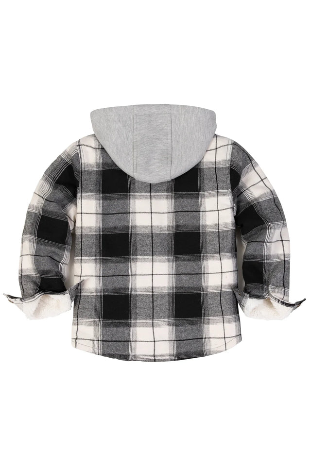 Back view of black and white toddler zipper plaid flannel hoodie