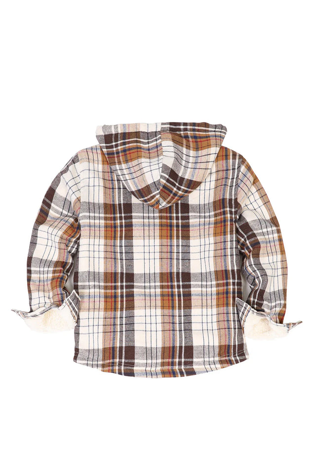 Back view of girls khaki plaid flannel shirt jacket