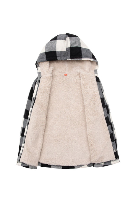 Detailed view of the lining on boys black beige plaid shirt