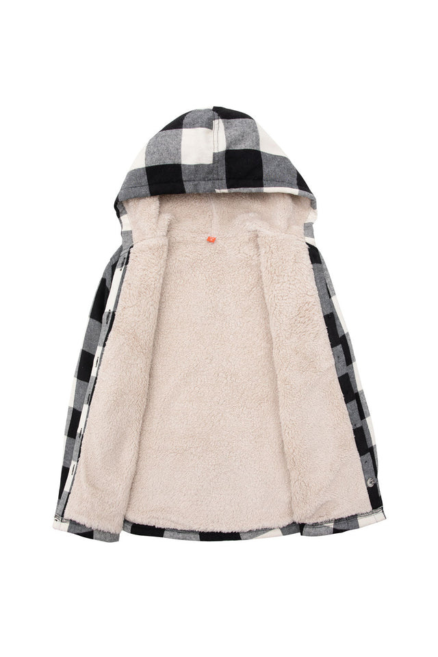 Detailed view of the lining on boys black beige plaid shirt