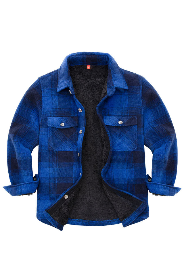 Front view of girls navy fleece flannel shirt jacket