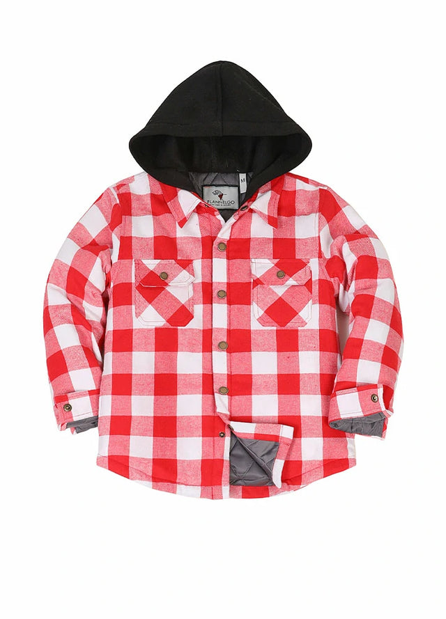 Front view of kids red white flannel shirt jacket buttoned