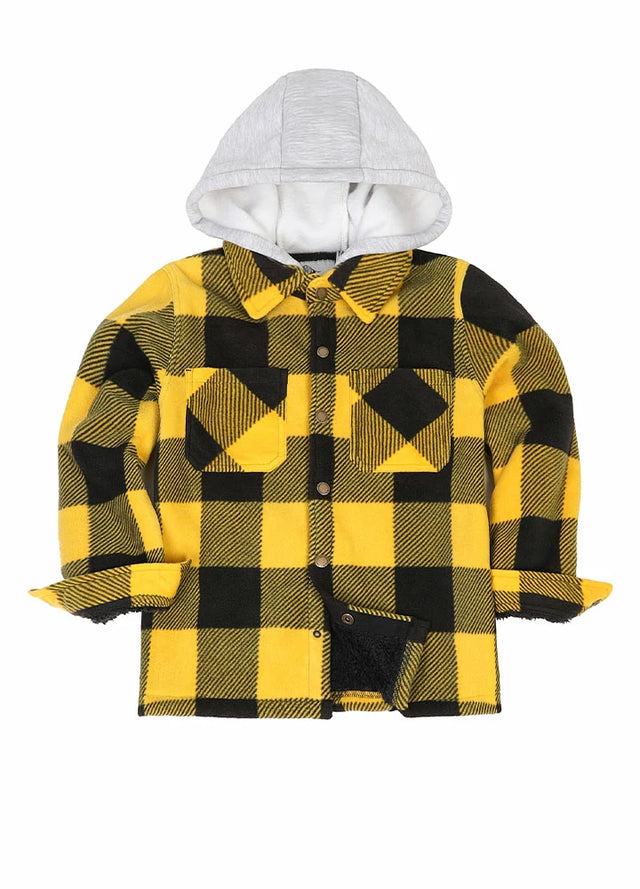 Front view of kids yellow black sherpa lined warm fleece plaid jacket