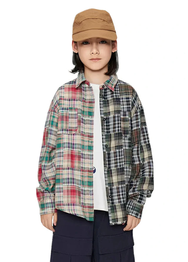 Boy who wears a hat wearing a classic multicolor and black-and-white patchwork flannel shirt