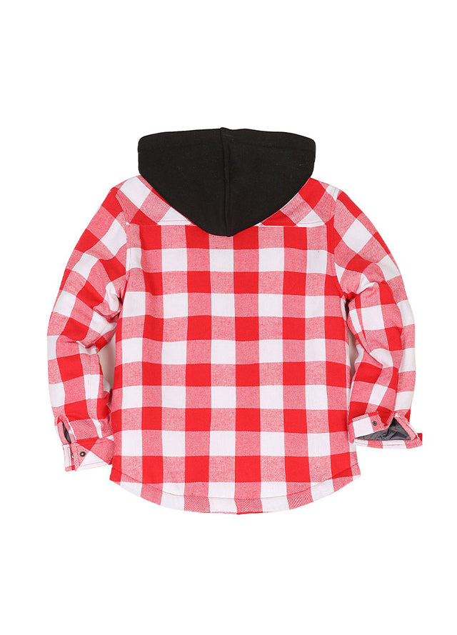 Quilted lined detail on kids red white hooded flannel shirt jacket