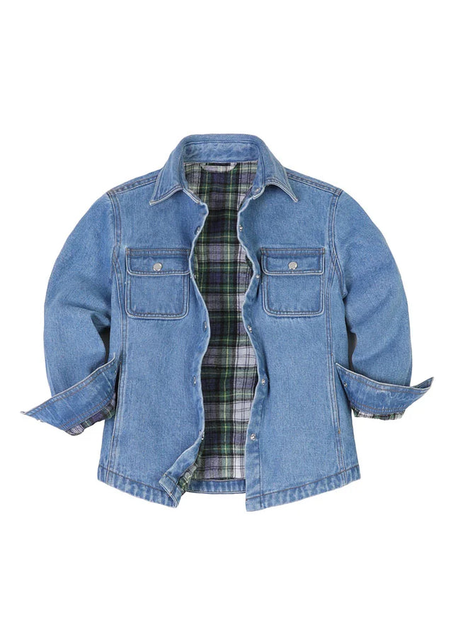 Front view of kids light blue flannel lined jean shacket