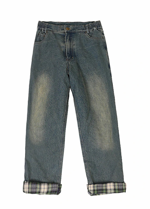 Front view of kids flannel blue lined jeans