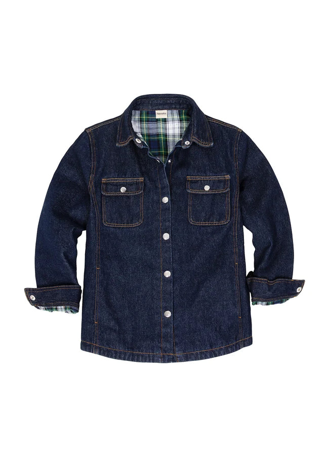 Front view of kids dark blue flannel lined jean shacket