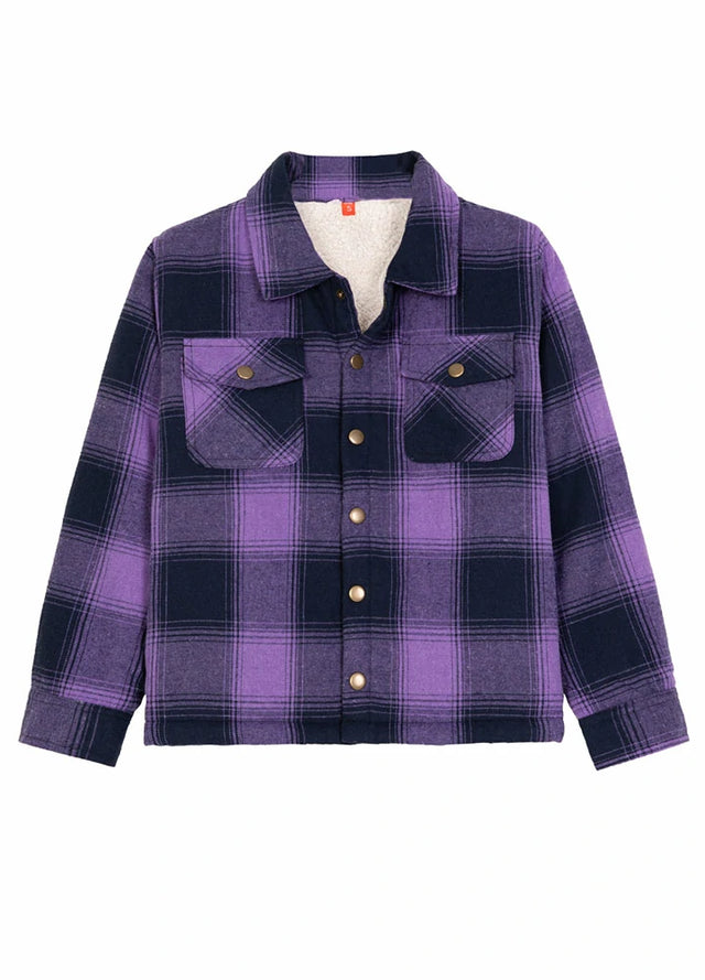Front view of purple toddler sherpa lined snap flannel plaid shacket