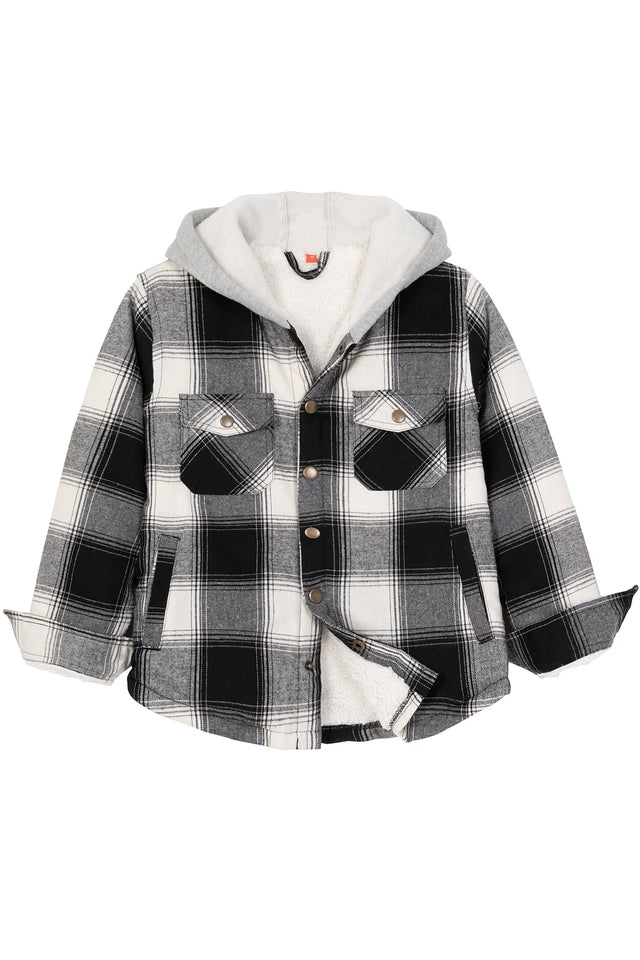 Front view of kids fleece-lined white black flannel jacket