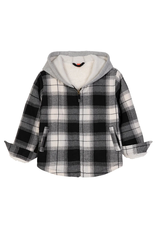 Front view of kids black grey white sherpa lined flannel jacket