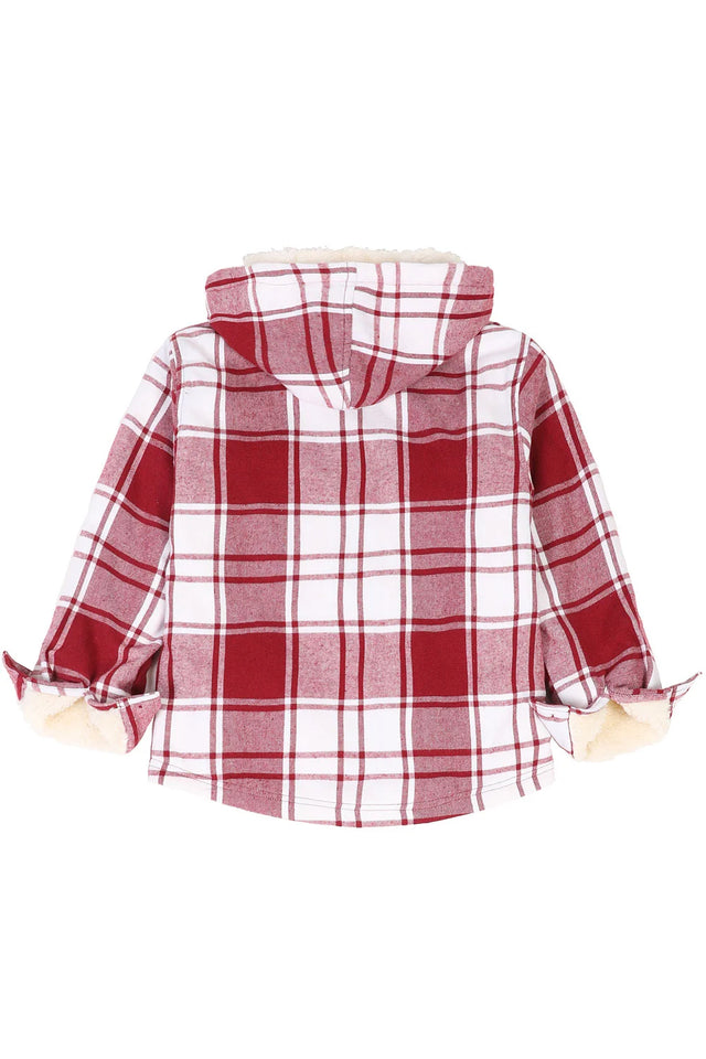 Back view of girls red plaid flannel shirt jacket