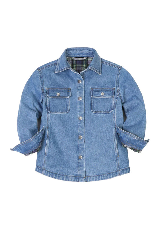 Front view of kids light blue flannel lined jean shacket buttoned