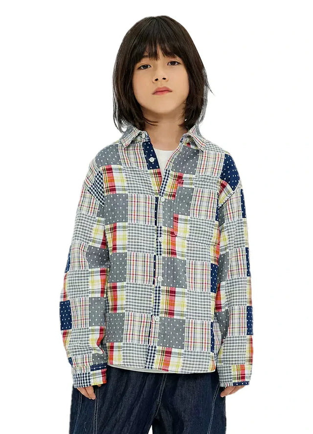 Boy in Color-block patchwork flannel shirt with front button-down