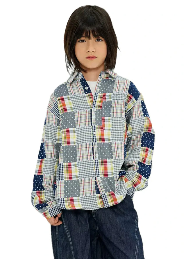 Boy wearing a country meadow Color-block patchwork flannel shirt with curved hem