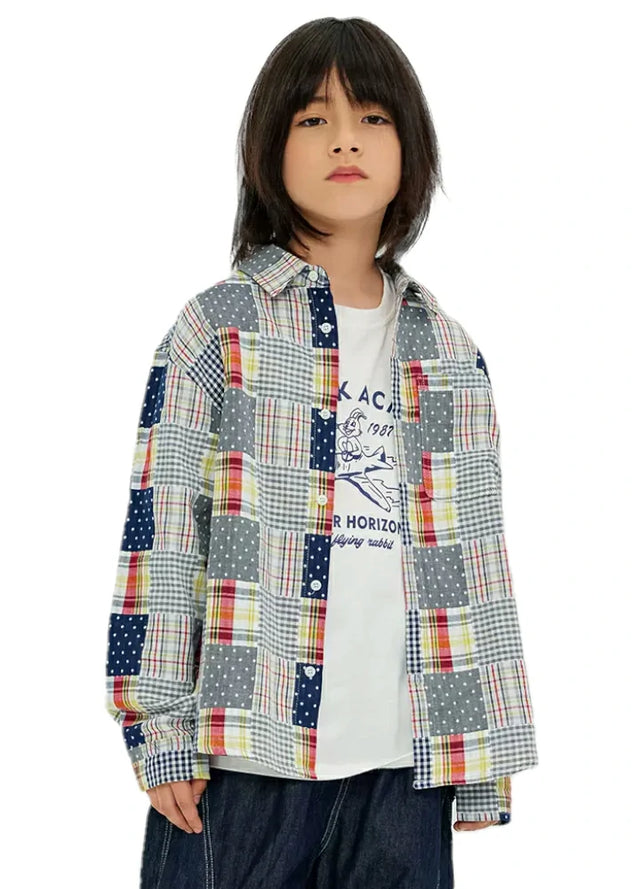Boy who wears a long sleeve Color-block patchwork flannel shirt