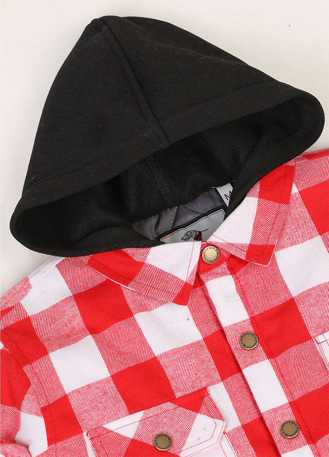 Detail of hood on kids red white hooded flannel shirt jacket