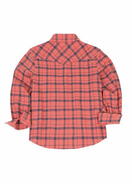 Back view of watermelon red kid's long-sleeve western shirt