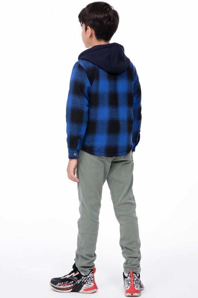 Back view of boy in a kids black blue hooded flannel jacket