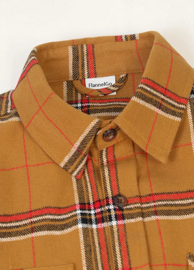 Close-up of the lapel of sunset plaid men's stalwart cotton plaid shirt