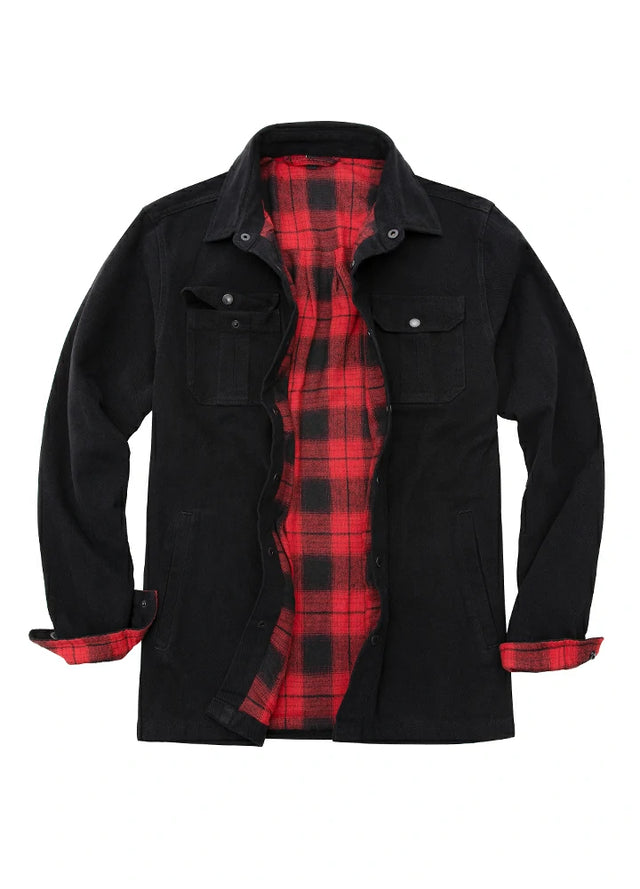 Front view of men's black flannel lined heavy utility shirt jacket