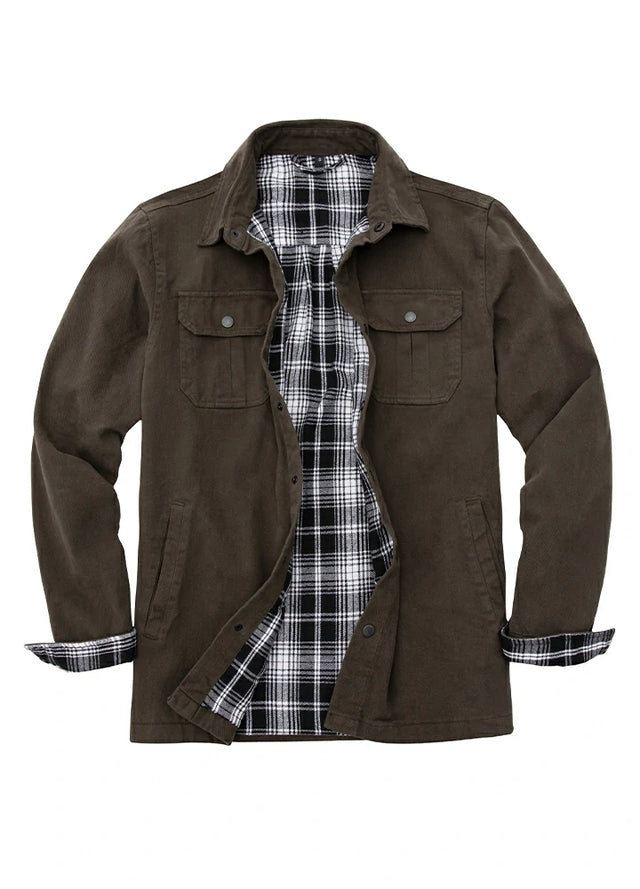 Front view of men's brown flannel lined heavy utility shirt jacket