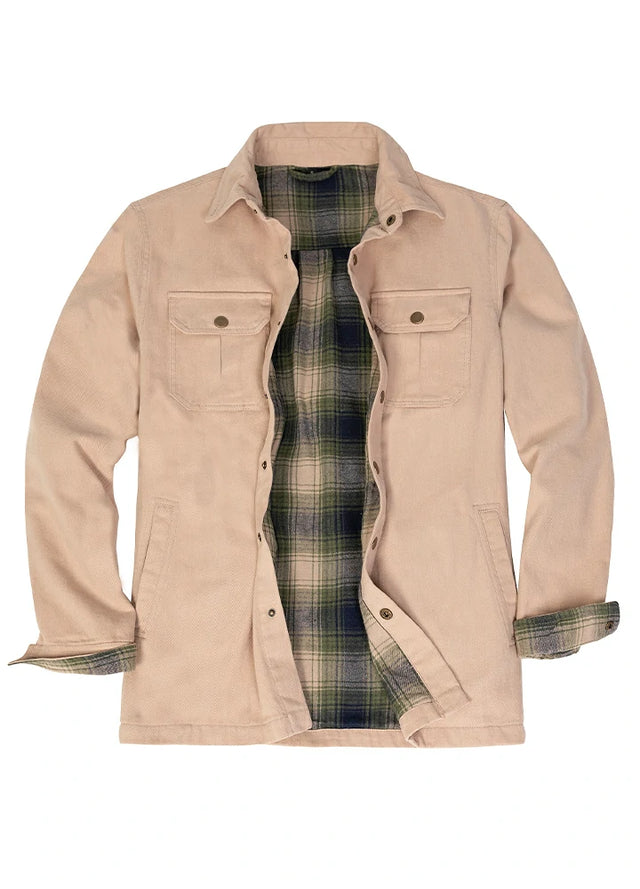 Front view of men's light khaki flannel lined heavy utility shirt jacket