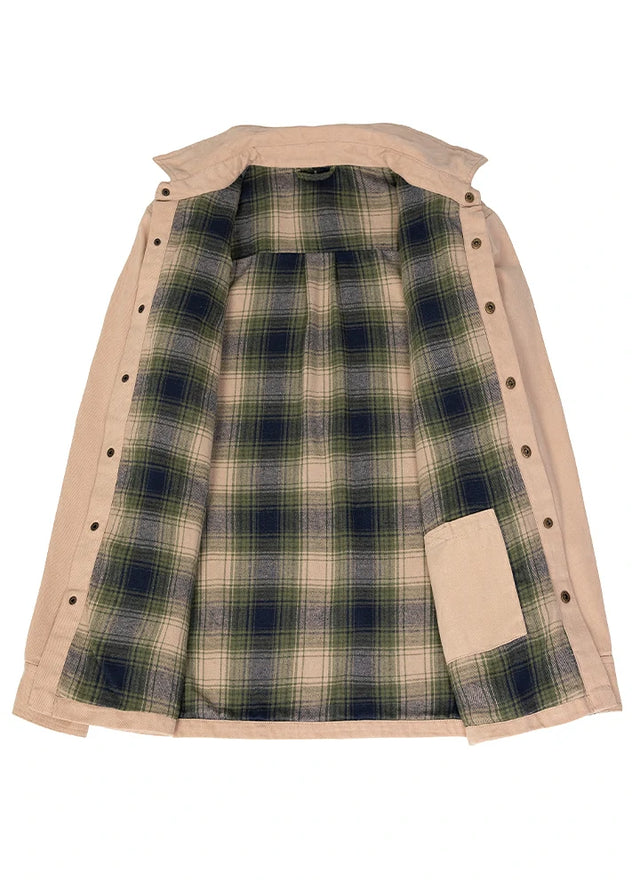 Detail of flannel lining and inside pocket on men's flannel lined shirt jacket