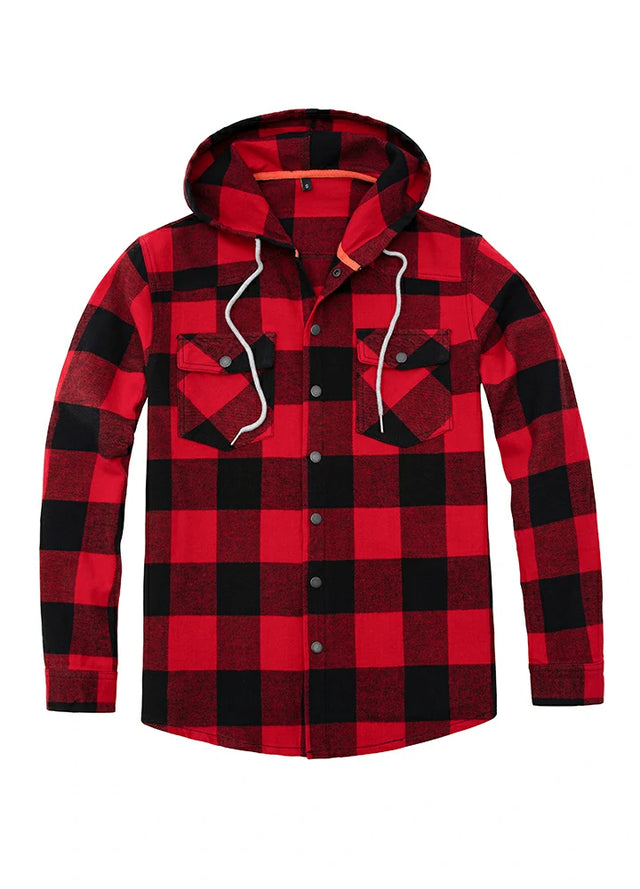Front view of red buffalo men's plaid heavyweight cotton flannel hoodie