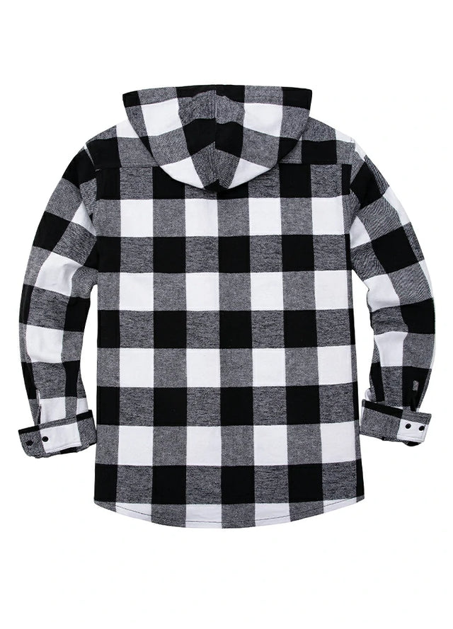 Back view of black white men's heavyweight cotton flannel hoodie