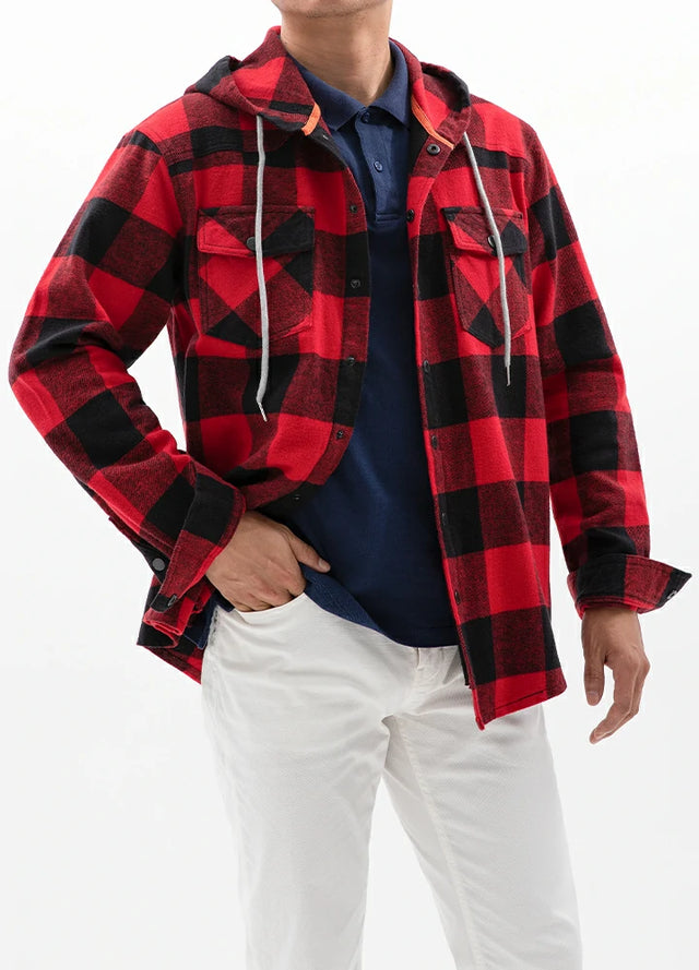 Man in a red buffalo plaid heavyweight relaxed fit flannel hoodie