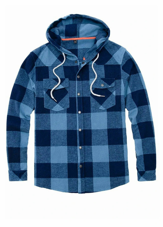 Front view of blue men's heavyweight flannel plaid hoodie