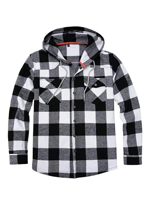Front view of black white men's plaid heavyweight cotton flannel hoodie
