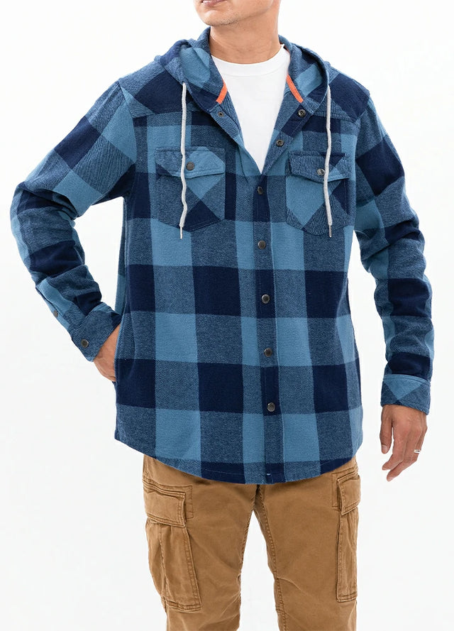 Man in a blue heavyweight flannel hoodie