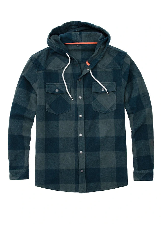 Front view of ink green men's plaid heavyweight cotton flannel hoodie