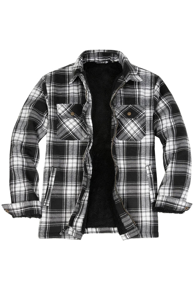 Front view of black white men's fleece lined flannel plaid shirt jacket
