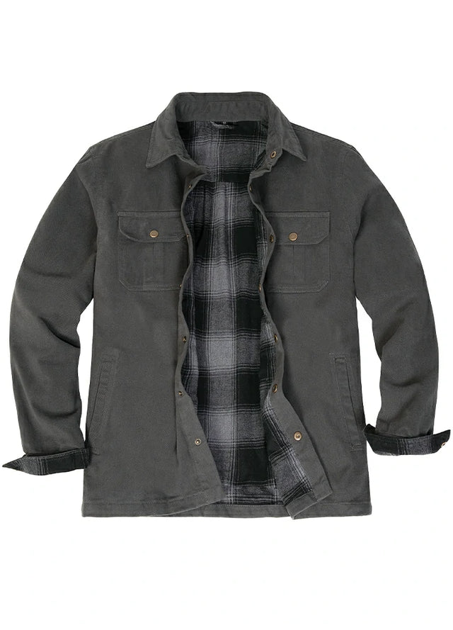 Front view of men's dark grey flannel lined heavy utility shirt jacket