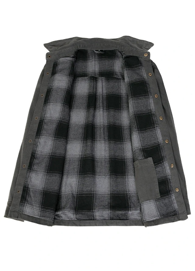 Detail view of the lining men's dark grey flannel lined heavy utility shirt jacket