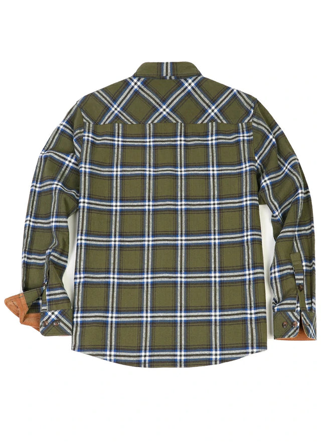 Back view of army green men's timberline midweight cotton flannel shirt