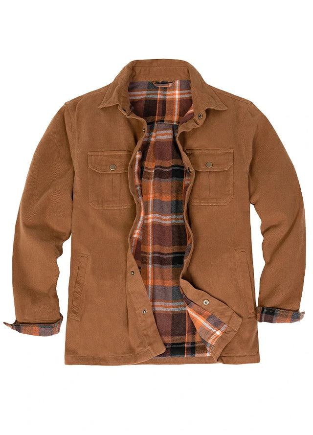 Front view of men's khaki brown flannel lined heavy utility shirt jacket