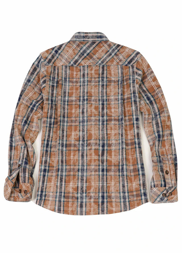 Back view of a blue and brown men's midweight acid washed plaid flannel shirt