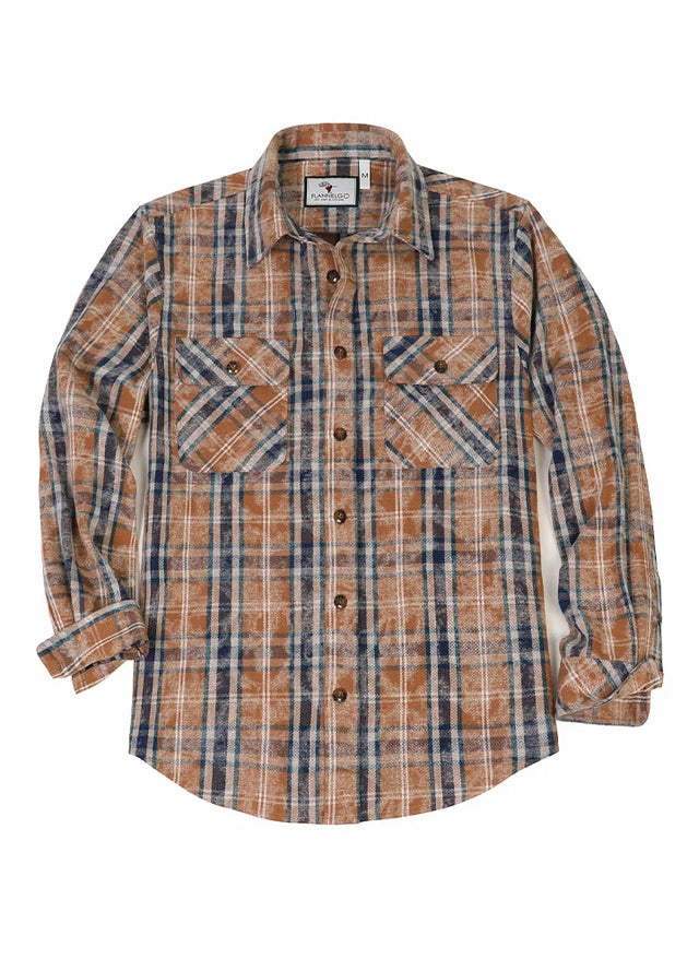 Front view of a blue and brown men's acid washed plaid flannel shirt buttoned