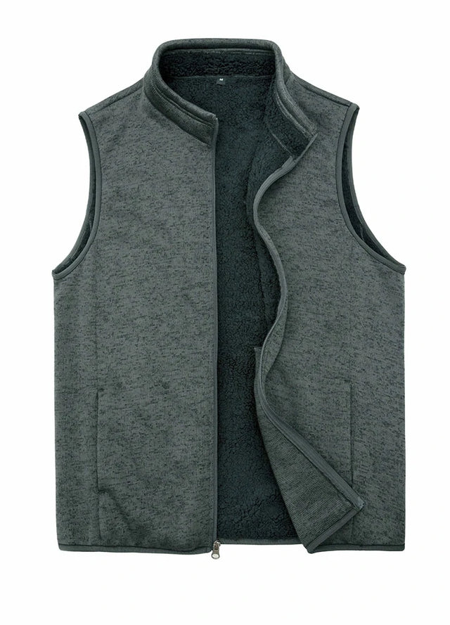 Front view of dark grey men's sweater fleece vest