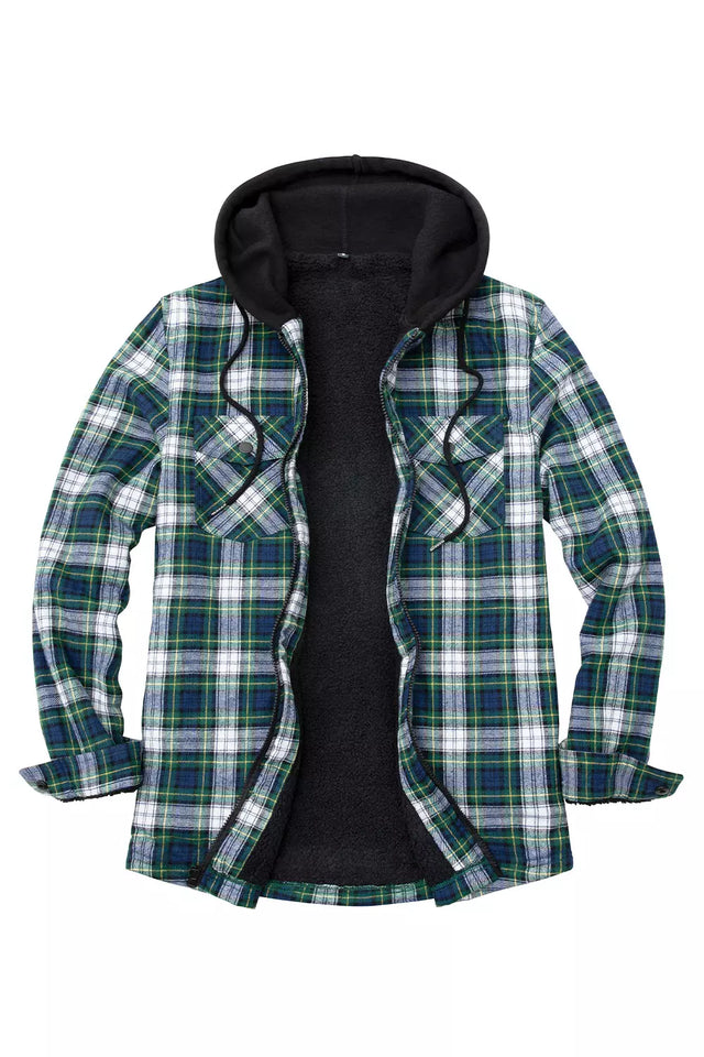 Front view of a men's green white warm flannel jacket with a hood